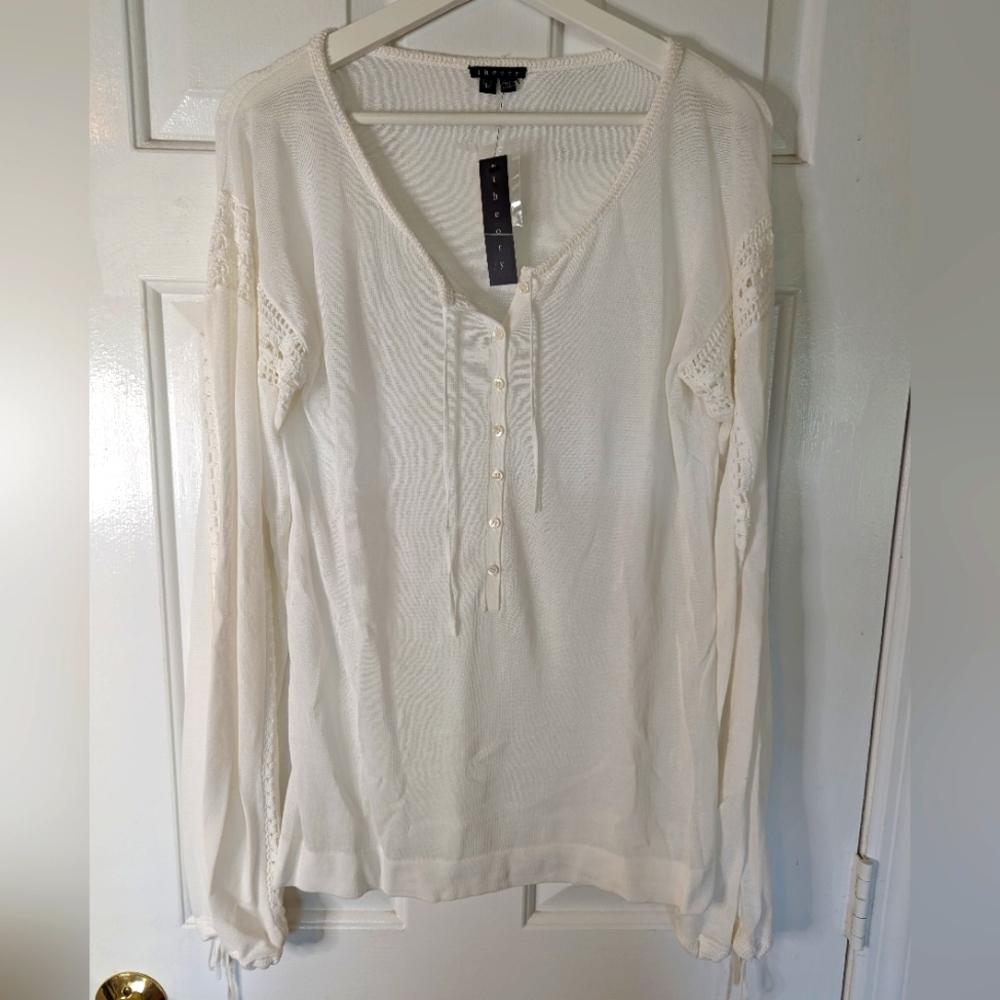 NWT Theory Loraine Cotton Verve Crochet Detail Sweater in Optic White Large